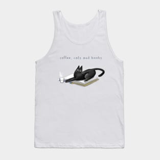 Cartoon black cat on a book and the inscription "Books, cats and coffee". Tank Top